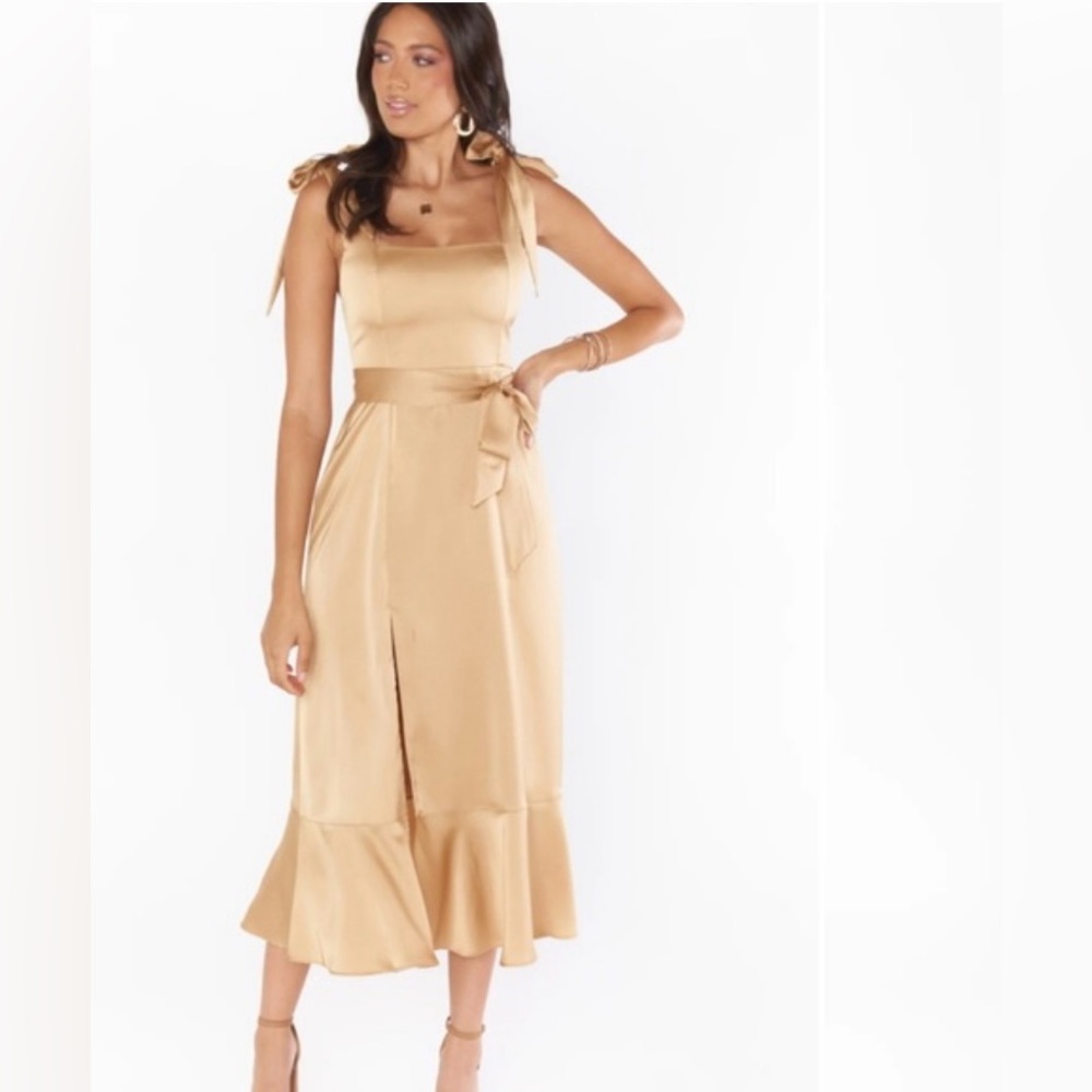 NWT Show Me Your Mumu Claire Midi Dress True Gold/Champagne Lux Satin Dress Sm